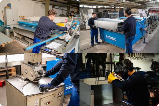 Produktionsmaschinen und Fertigungsschritte Lüftungsbauteile bei PB-Luft+Metall 4 Bilder in einem - Ansichten aus der Produktion und von verschiedenen Fertigungsschritten bzw. Handgriffen bei der Firma PB Luft und Metall Bauteile