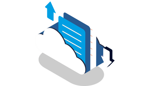 PB Luft+Metall Download Daten und Unterlagen isometrische blau-weiße Illustration einer Wolke (Cloud) in der verschiedene Dokumente stecken, links daneben 1 Pfeil nach oben, rechts daneben 1 Pfeil nach unten