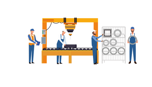 Produktion bei PB Luft - Symbolbild bunte Illustration einer Produktionsmaschine mit Fließband, daneben ein Regal, 4 Arbeiter produzieren Lüftungsbauteile