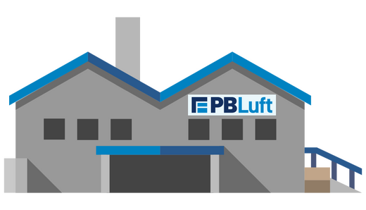 Produktionshalle PB Luft + Metall Bauteile - Symbolbild Illustration einer grauen Produktionshalle mit blauem Dach, großem Tor und Schornstein